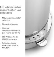 Hervidor de agua Aarke de acero inoxidable con múltiples ajustes de temperatura, base giratoria de 360°, proceso de ebullición silencioso y pico vertedor antigoteo, capacidad de 1,2 litros (acero)