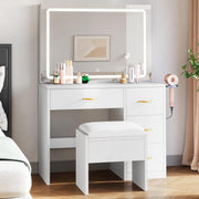 Tocador YITAHOME con espejo, mesa de maquillaje con 4 cajones, iluminación, toma de corriente, blanco (tocador, mesa de cosméticos)
