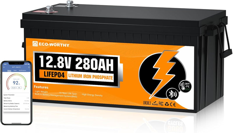 ECO-WORTHY LiFePO4 280Ah Bluetooth, batería de litio de 12V 280Ah con BMS, protección contra bajas temperaturas y hasta 15.000 ciclos, 3584Wh, batería para autocaravanas, barcos y paneles solares