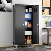 Gabinete de almacenamiento para garaje con ruedas y tablero perforado, armario de metal con cerradura de 72" de altura, 2 puertas y 4 estantes ajustables para taller de garaje