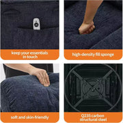 Sillón reclinable mecedor con masaje y calefacción, silla reclinable giratoria de 360 grados para adultos, silla de guardería de lino con bolsillo lateral y dos portavasos