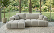 Sofá grande B&B HOME Vitton II, forma en L, tapizado de pana, beige, función cama, arcón, estilo escandinavo (con reposabrazos a la izquierda)