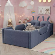 Cama plataforma doble Whisen, cama de suelo tapizada para niños con cojín de conejo, barandillas laterales extraíbles