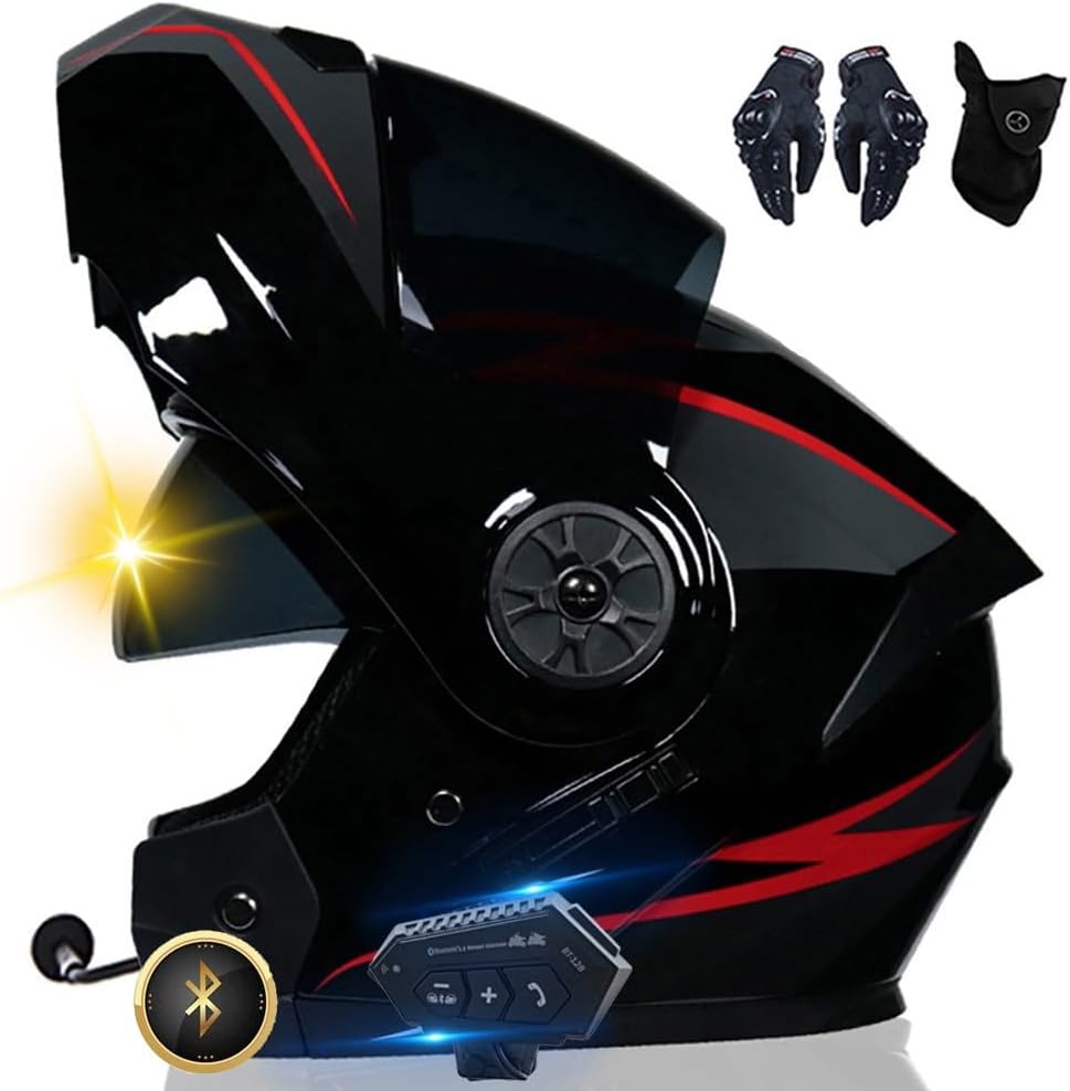 Casco de moto Bluetooth, casco integral con intercomunicador Bluetooth para 2 pilotos, aprobado por DOT/ECE, ligero, con doble visera, casco modular para adultos hombres y mujeres S~XL