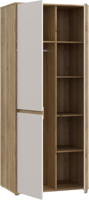 Armario Forte ELISTON 80 90, armario moderno con diseño de listones, 2 puertas, madera técnica, dormitorio, decoración de madera de roble Mauvella|Beige Cachemira, 84 cm de ancho x 200,1 cm de alto x 54 cm de profundidad