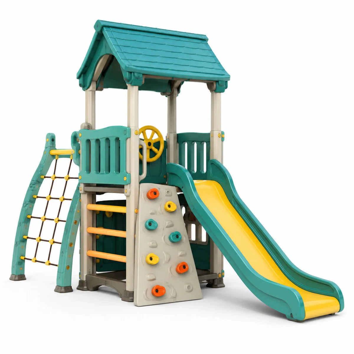 Parque infantil con tobogán de plástico y torre de escalada, turquesa/amarillo