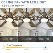 Ventilador de techo con luz, control remoto y 8 aspas grandes de madera