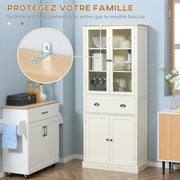 HOMCOM Aparador Mueble de Cocina Armario de Almacenaje con 4 Puertas, 2 de ellas de Cristal y 1 Cajón, 182,5 cm de Altura con Estantes Ajustables - Beige