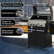 Barbacoa de gas Hektor 3B-S incl. asador giratorio y funda protectora con 3 quemadores, quemador Sear, parrilla de hierro fundido, hornillo lateral, ventana de visualización y termómetro para jardín y terraza
