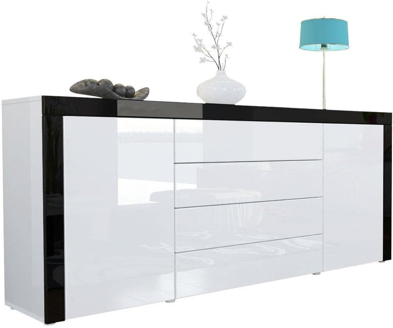 Aparador Cómoda La Paz de Vladon, hecho en Alemania, cuerpo en blanco de alto brillo/frente en blanco de alto brillo con marco en negro de alto brillo
