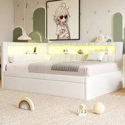 Cama con plataforma tapizada con puertos USB e iluminación LED - Base de cama matrimonial/individual con 2 cajones de almacenamiento - Dormitorio moderno