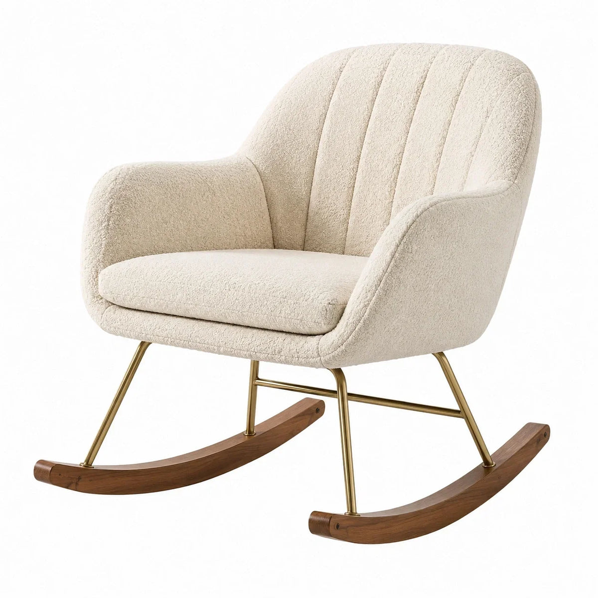 Sillón mecedora de bouclé con estructura de metal y patas de madera, beige