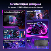 Monitor Gaming Curvo Amzfast de 34 pulgadas, 240Hz, UWQHD 3440x1440 (21:9), 1 ms MPRT, Eyes Care, sRGB 130%, Adaptive Sync, HDR, HDMI 2.1 * 2, DP 1.4 * 2, VESA 75x75, PIP/PBP, AMZG34C5QPro