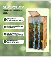 Compostador de madera a prueba de ratas con tapa, protección contra plagas, rejilla de ventilación y base, técnica deslizante para compostaje sin malos olores, sin necesidad de volteo, 340 L