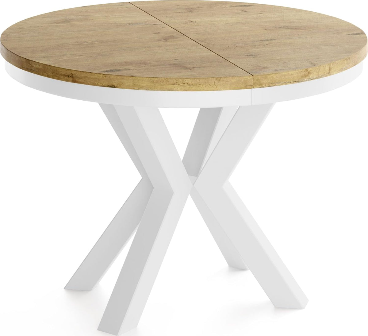 Mesa de comedor redonda extensible estilo loft WFL GROUP - Mesa industrial con patas de metal blanco - Mesa que ahorra espacio para salón - Roble Lancelot - 100 a 180 cm