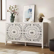 Aparador con almacenamiento, gabinete de almacenamiento con acabado desgastado, 4 puertas talladas y estante ajustable, mueble buffet de madera decorativo