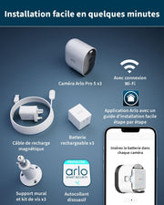 Arlo Pro 5 2K, Cámara de seguridad WiFi para exteriores sin cables, visión nocturna a color avanzada, foco, sirena y WiFi de doble banda, prueba de suscripción Secure incluida, 3 cámaras, blanco