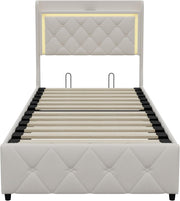 Cama tapizada de 90x200 cm con iluminación LED, USB y canapé hidráulico – Cama individual juvenil con almacenamiento, somier y cabecero, terciopelo beige, sin colchón (Beige-3, 90x200 cm)