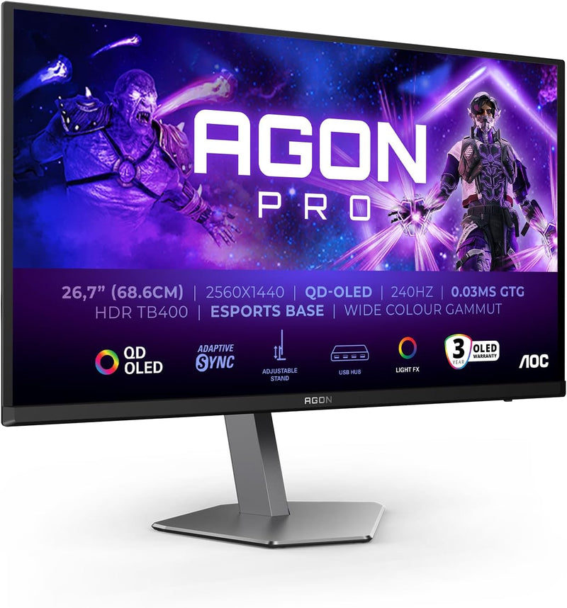 AOC Agon Pro AG276QZD2AM - Monitor OLED QHD de 27 pulgadas, 240 Hz, 0,03 ms GtG, FreeSync Premium Pro, comp. G-Sync, HDR400 (2560x1440, 2X HDMI 2.1, DisplayPort, Hub USB) Negro
