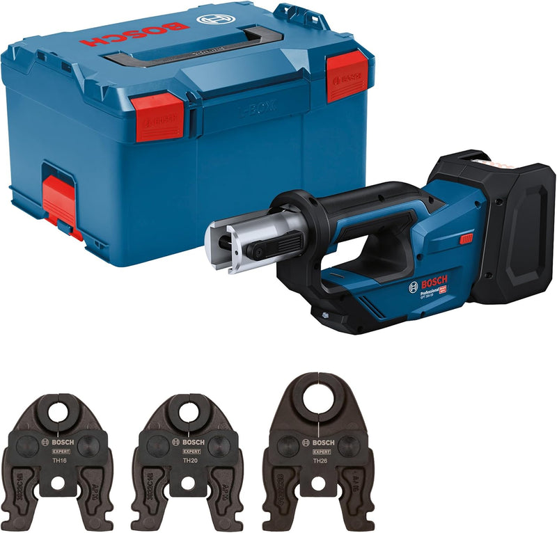 Herramienta de prensado a batería Bosch Professional 18V System GPT 18V-19 (fuerza de 19 kN, cabezal giratorio 360°, incl. mordazas de prensado Comp. TH16, TH20, TH26, L-BOXX)