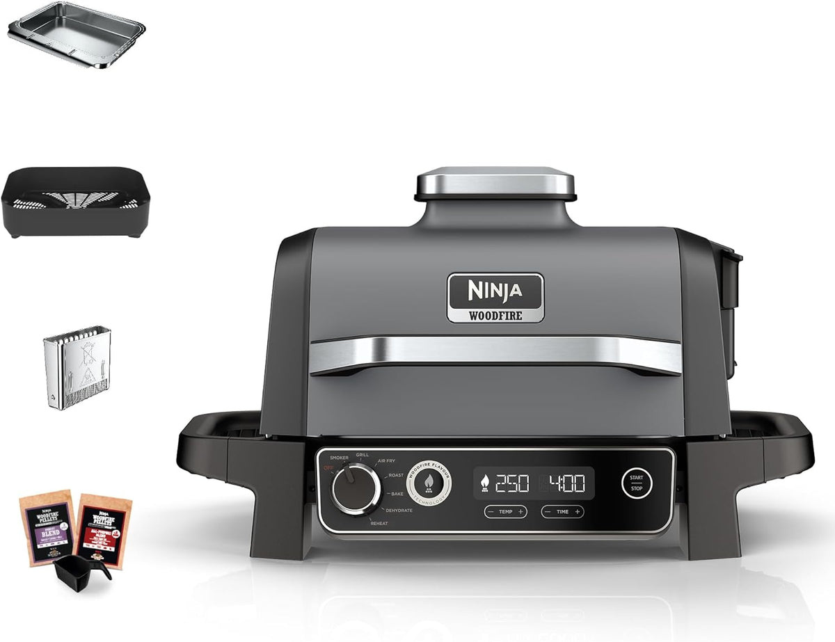 Barbacoa eléctrica Ninja Woodfire, parrilla, ahumador y freidora de aire, barbacoa de exterior 7 en 1, parrilla, freidora de aire, ahumar, asar, horno, resistente a la intemperie, antiadherente, portátil, gris/negro OG701EU