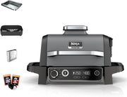Barbacoa eléctrica Ninja Woodfire, parrilla, ahumador y freidora de aire, barbacoa de exterior 7 en 1, parrilla, freidora de aire, ahumar, asar, horno, resistente a la intemperie, antiadherente, portátil, gris/negro OG701EU