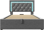 Cama tapizada individual 90x200cm con cabecero LED, estación de carga USB y tipo C, canapé hidráulico con espacio de almacenamiento, cama juvenil moderna con somier, terciopelo (gris, 90x2 00cm)