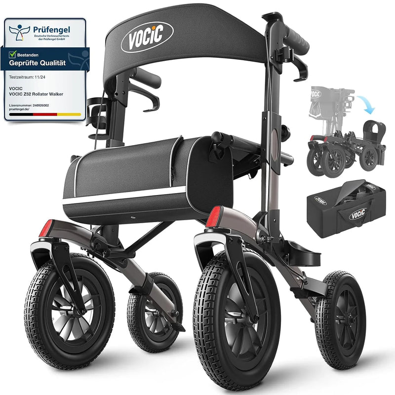 Andador de 4 ruedas con asiento, plegable y ajustable en altura, de aluminio, para exteriores, con neumáticos de goma antipinchazos, capacidad de carga de 136 kg, gris