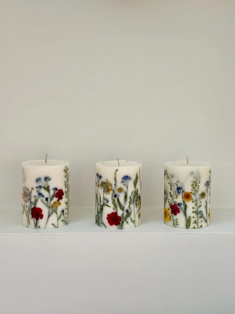 Vela de flores prensadas, vela botánica de flores silvestres, decoración cottagecore, cera de soja, 9x7,5 cm