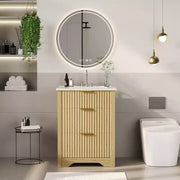 Conjunto de tocador de baño moderno estriado con lavabo de cerámica integrado, mueble de baño independiente con 3 cajones para baño contemporáneo
