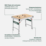 Mesa multifunción Metabo MWB 100, banco de trabajo plegable, caballete móvil, 120 kg, incl. 2 sargentos y 4 topes de banco