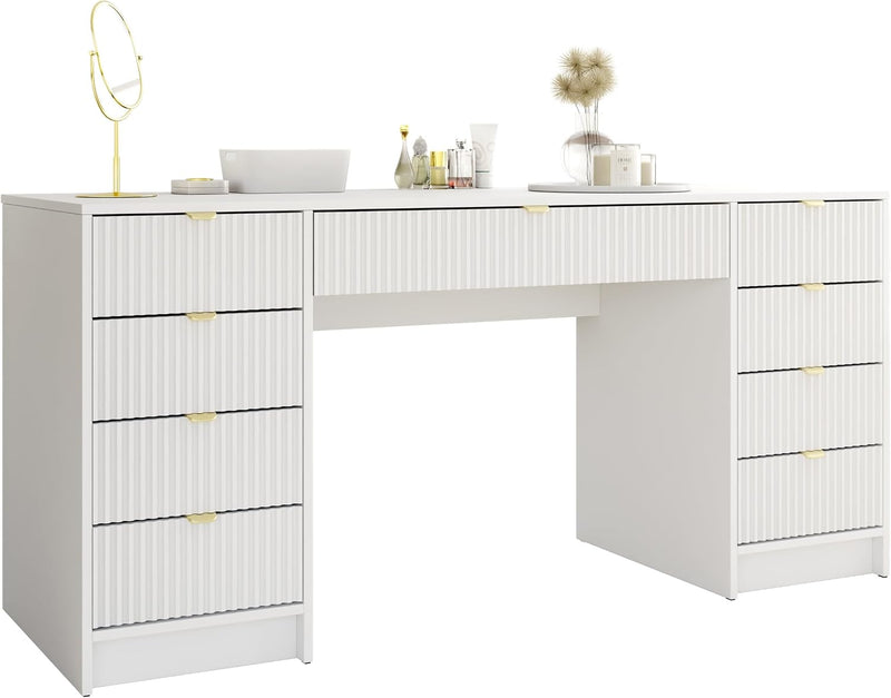 Escritorio Mirjan24 Tireno Bis, 9 cajones con frentes acanalados, escritorio para estudiantes, mesa de ordenador, escritorio infantil, mesa de trabajo, mesa para PC, habitación juvenil, habitación infantil (blanco velvet)
