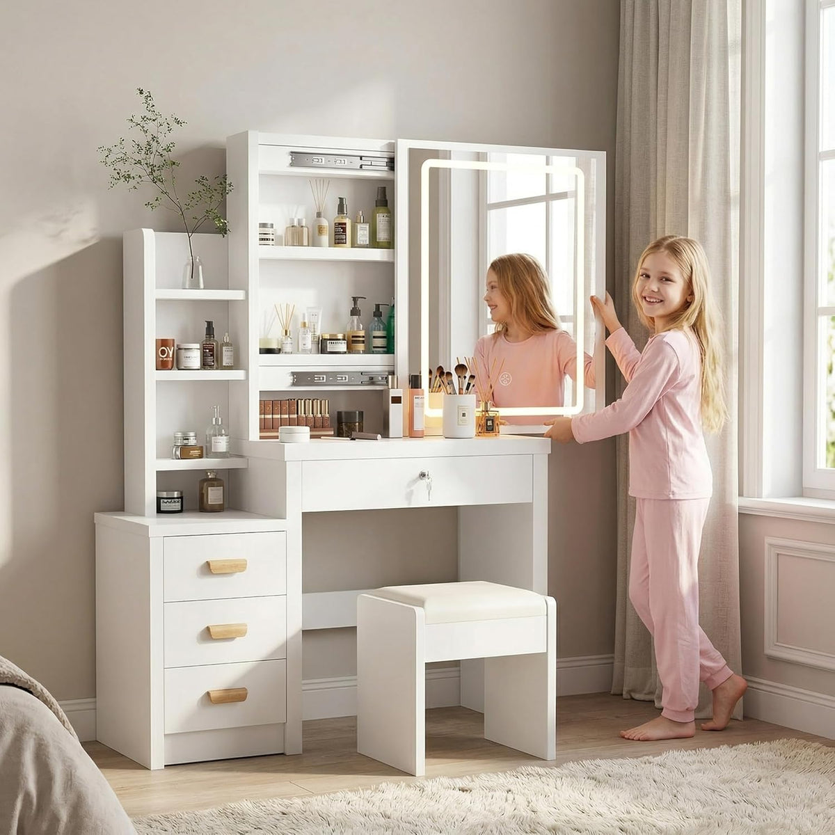 Tocador con espejo y taburete, tocador con luces LED y brillo ajustable, tocador con espejo, escritorio de maquillaje para dormitorio, para adultos, mujeres, niñas