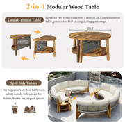 Set de sofá seccional redondo de madera de acacia para exteriores con mesa de centro, 12 plazas