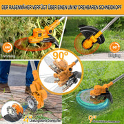 Cortacésped inalámbrico con batería y cepillo para malas hierbas 4 en 1, desbrozadora con cepillo para malas hierbas, desbrozadora sin escobillas de 21 V, cortacésped eléctrico con 2 baterías de 4.0 Ah, cargador, telescópico, ajustable, naranja