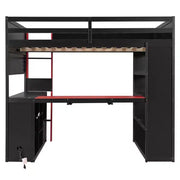 Cama tipo loft para juegos Luxystar Modern con escritorio iluminado, bandeja para teclado, tablero perforado y estantería de almacenamiento