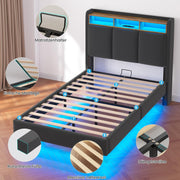 Cama tapizada Brinlawb 90x200 cm, cama flotante con iluminación LED y estación de carga (2 tomas de CA, 1 puerto USB-A, 1 puerto USB-C), cama juvenil 90x200 con cabecero acolchado, cama 90x200 con espacio de almacenamiento, gris