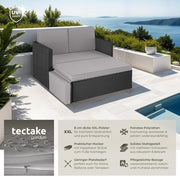Set de sofá tectake® - Sofá de 2 plazas con taburete y función de cama, pequeño sofá de ratán como mueble de jardín exterior, resistente a la intemperie para salón, balcón y jardín, plegable con cojines impermeables - Negro