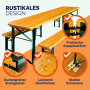 Set de mesa y bancos cerveceros Casaria 220 cm plegable y estable de 3 piezas: 2 bancos de cerveza y 1 mesa ancha, conjunto de madera para jardín, fiestas y eventos