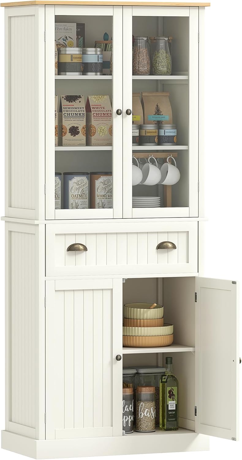 HOMCOM Aparador Mueble de Cocina Armario de Almacenaje con 4 Puertas, 2 de ellas de Cristal y 1 Cajón, 182,5 cm de Altura con Estantes Ajustables - Beige