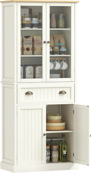 HOMCOM Aparador Mueble de Cocina Armario de Almacenaje con 4 Puertas, 2 de ellas de Cristal y 1 Cajón, 182,5 cm de Altura con Estantes Ajustables - Beige