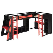Litera tipo loft en forma de L para juegos con escritorios, litera doble con luces LED, puertos USB, estanterías de almacenamiento, cama alta esquinera de madera para 2 personas