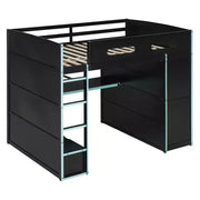 Cama alta matrimonial Merax con escritorio, armario, luces LED RGB y puerto de carga USB, elegante estructura negra con espacio de almacenamiento múltiple para amantes de los videojuegos