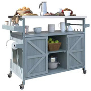 Isla de cocina para exteriores con cubierta de acero inoxidable, carrito de cocina de madera con puertas, estantes y especiero, isla de cocina con ruedas