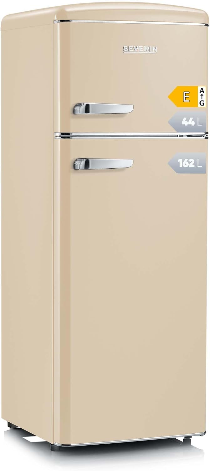 SEVERIN Retro - Frigorífico combi, compacto y eficiente, 4 estantes ajustables en altura y una gran cajonera para verduras, 206 L de capacidad útil, color crema, RKG 8933