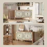 Aparador con almacenamiento, gabinete de almacenamiento con acabado desgastado, 4 puertas talladas y estante ajustable, mueble buffet de madera decorativo