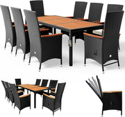 Conjunto de muebles de jardín Casaria®: 8 sillas con cojines de 7 cm, mesa, 2 respaldos ajustables, muebles de terraza para exteriores, polirratán, resistente a la intemperie, madera de acacia, comedor, jardín, balcón, salón.