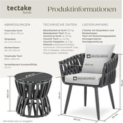 tectake® Gartenmöbel-Set Lugano Rope-Design, Aluminiumgestell, Tisch 2 Stühle, Dicke Sitzpolster, Gartenlounge, Loungemöbel, Gartensitzgruppe, Outdoor Lounge Set, Terrassenmöbel, Balkonmöbel