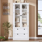 Alacena de cocina estilo granja con puertas de vidrio, armario de almacenamiento de 72 pulgadas con cajones y estantes ajustables para comedor, baño y sala de estar