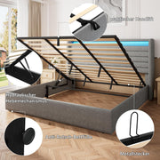 Cama FEONASE 180x200 con almacenamiento, cama tapizada de 180x200 cm con iluminación LED y estación de carga, estructura de cama con elevación hidráulica y cabecero de lino con almacenamiento, somier, sin colchón, gris claro